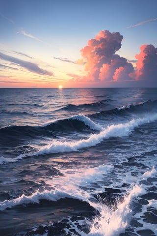 beautiful scene of an offshore, water splash, evening clouds,