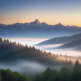 Misty mountains veiled in dawn's light, ethereal landscape, soft morning glow, tranquil atmosphere, panoramic view, gentle fog, serene composition, nature's splendor, early light play, peaceful setting, mountain peaks emerging, tranquil dawn, scenic beauty.