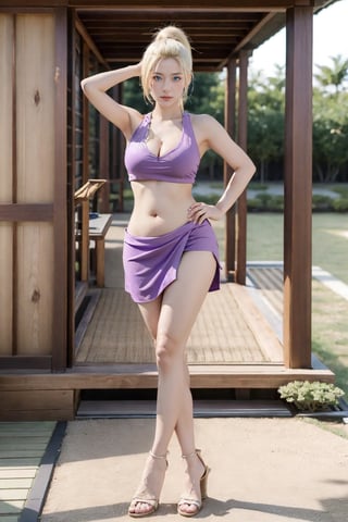 masterpiece, naruto Yamanaka Ino cosplay girl, photograph of beautiful 20 year old girl,full body to the feet, perfect nude legs,sexy body, 8k, high resolution, realphoto,
at japanese view, japanese temple, photorealistic, ultra-high resolution, detailed, cute, feminine, white Bright white blond hair, long high ponytail, half big bangs, 
light blue eyes, Purple low cut tank top (showing the belly), cleavage, purple skirt (slit in the middle), showing beautiful legs, high-heeled sandals, D cup, seductive pose, long beauty nude legs, nude feets, clean and white skin, full body shooting, sexy legs ,sexy pose, haruno sakura,young girl,Yamanaka Ino,sexy,,yamanaka_ino,Nice legs and hot body