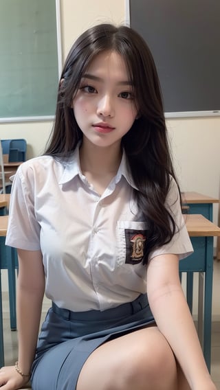 A fashionable young 14 years old girl, wearing  white shirt,  gray skirt, with a background of classroom, sitting, crossed legs, featuring bright colors and artistic vibes. High-definition photo of a cewe-sma, full of lively colors and youthful energy, cewe-sma,1girl,photo real , hair slightly shorter