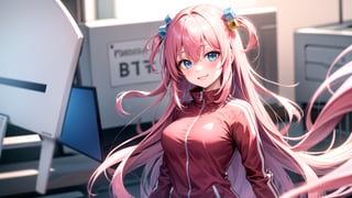 gotoh hitori, 1girl, solo, long hair, looking at viewer, smile, one side up, pink track jacket, medium breasts, blue eyes, hair between eyes, cube hair ornament, pink hair, long hair