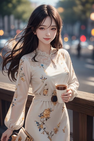 realistic aesthetic photo, (HDR:1.4), pore and detailed, intricate detailed, graceful and beautiful textures, RAW photo, diffused light, side lighting, warm tone, 1 girl, long hair, looking at viewer, Pale yellow floral dress, black hair, long sleeves, milk tea in her hand, her face is filled with a gentle and happy smile, high detailed, ultra detailed, 9x16 aspect ratio, high resolution, world-class official images, impressive visual, perfect composition, (bokeh:1.1), cinematic lighting, Anime, masterpiece, high quality, 16K