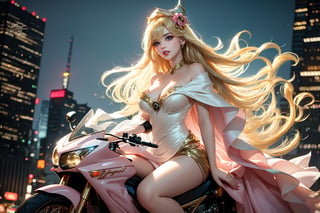 A sultry urban goddess astride a powerful motorcycle, bathed in vibrant neon city glow, confidently strikes a pose amidst towering skyscrapers. Neon hues illuminate the blue-pink frilled wedding dress clinging to her curves, showcasing the Wizard's hat-adorned bangs and off-shoulder design. blond long hair cascade down like a river, framing her striking features and golden hair flowing behind her. Piercing blue eyes gleam with mischief as she confronts the viewer beneath an ornate hair ornament on her flowing locks. City lights accentuate her features, highlighting a sugary sweet sensuality in this Sugimori Ken-inspired art piece.