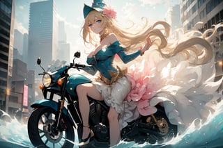 In a neon-drenched urban landscape, a sultry goddess astride a powerful motorcycle strikes a confident pose amidst towering skyscrapers. The vibrant glow illuminates the blue-pink frilled wedding dress clinging to her curves, showcasing the Wizard's hat-adorned bangs and off-shoulder design. Blond locks cascade down like a river, framing her striking features and golden hair flowing behind her. Piercing blue eyes gleam with mischief as she confronts the viewer beneath an ornate hair ornament on her flowing locks. City lights accentuate her features, highlighting sugary sweet sensuality in this Sugimori Ken-inspired art piece.