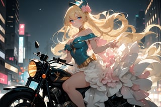 A sultry urban goddess astride a powerful motorcycle, bathed in vibrant neon city glow, confidently strikes a pose amidst towering skyscrapers. Neon hues illuminate the blue-pink frilled wedding dress clinging to her curves, showcasing the Wizard's hat-adorned bangs and off-shoulder design. blond long hair cascade down like a river, framing her striking features and golden hair flowing behind her. Piercing blue eyes gleam with mischief as she confronts the viewer beneath an ornate hair ornament on her flowing locks. City lights accentuate her features, highlighting a sugary sweet sensuality in this Sugimori Ken-inspired art piece.