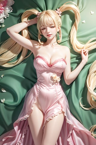 (( lying on back sleeping, Perfect body, 
pink silk nightgown with lace-trimmed, blond very long hair, Heart-shaped twintails 2.0)), 1girl, solo, looking at viewer, blush, smile, bangs, large breasts, bow, cleavage, bare shoulders, yellow eyes, standing, collarbone, thighs, cowboy shot, parted lips, bare arms, thigh gap, 