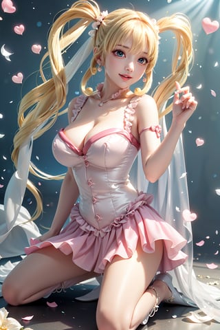 ((from front, M-shape spread legs, straddling, 
wariza on the floor, exposed breasts, She wears revealing pink frilled weeding dress, Wedding gown (veil), blond very long hair, Heart-shaped twintails, large breasts 2.0)), cute pose, large breasts, cleavage , blue eyes, (Masterpiece), full body shot, best quality, high resolution, highly detailed, detailed background, movie lighting, 1girl, idol, underbust, stage, stage lights, music, blush, sweet smile, sweat, concert, ruffles, confetti, hearts, hair accessories, hair bows, gems, jewelry, neon lights , bow tie , pointing, spotlight, sparkles, light particles, frame breasts, cross lace, white stockings,ryuubi,lift skirt,hmnl,floral dress, twintails
