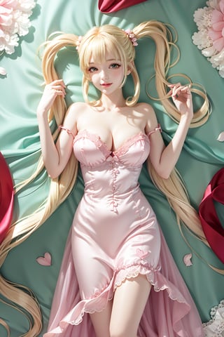 (( lying on back sleeping, Perfect body, 
pink silk nightgown with lace-trimmed, blond very long hair, Heart-shaped twintails 2.0)), 1girl, solo, looking at viewer, blush, smile, bangs, large breasts, bow, cleavage, bare shoulders, yellow eyes, standing, collarbone, thighs, cowboy shot, parted lips, bare arms, thigh gap, 