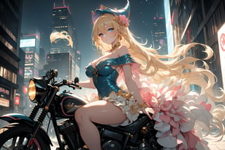 A sultry urban goddess astride a powerful motorcycle, bathed in vibrant neon city glow, confidently strikes a pose amidst towering skyscrapers. Neon hues illuminate the blue-pink frilled wedding dress clinging to her curves, showcasing the Wizard's hat-adorned bangs and off-shoulder design. blond long hair cascade down like a river, framing her striking features and golden hair flowing behind her. Piercing blue eyes gleam with mischief as she confronts the viewer beneath an ornate hair ornament on her flowing locks. City lights accentuate her features, highlighting a sugary sweet sensuality in this Sugimori Ken-inspired art piece.