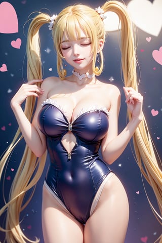 (( sleeping, Perfect body, one piece silk leotard, blond very long hair, Heart-shaped twintails, Strapless 2.0)), 1girl, solo, looking at viewer, blush, smile, bangs, large breasts, bow, cleavage, bare shoulders, yellow eyes, standing, collarbone, thighs, cowboy shot, parted lips, bare arms, thigh gap, 