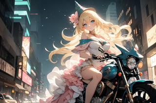 In a neon-drenched urban landscape, a sultry goddess astride a powerful motorcycle strikes a confident pose amidst towering skyscrapers. The vibrant glow illuminates the blue-pink frilled wedding dress clinging to her curves, showcasing the Wizard's hat-adorned bangs and off-shoulder design. Blond locks cascade down like a river, framing her striking features and golden hair flowing behind her. Piercing blue eyes gleam with mischief as she confronts the viewer beneath an ornate hair ornament on her flowing locks. City lights accentuate her features, highlighting sugary sweet sensuality in this Sugimori Ken-inspired art piece.