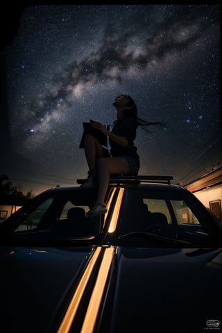 Extremely realistic, focused pussy, 8K original photos, best quality, photorealism, high resolution, ultra-high details, realistic visual effects, ambient lighting, ray tracing, volumetric lighting

Young Japanese woman, sitting on the car roof rack , box car, looking up at the Milky Way starry sky,Nguyen