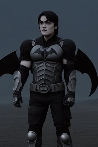 The animated version of Batman that belongs to the movie "Justice League x RWBY: Super Heroes & Huntsmen - Part 1" (He does have black hair, dark blue eyes, black pants, gray boots, gray metal knee pads, a gray breastplate with a black bat symbol on the front and underneath, a black long-sleeved t-shirt, black metal bat-shaped shoulder pads, gray armbands with 3 side blades on the sides, gloves blacks, a gray scarf, a gray utility belt and the age of 17), where Batman/Bruce Wayne is a "Bat Faunus" (Human being with two oversized black bat wings emerging from his back), in a landscape night.