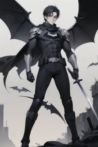 The animated version of Batman that belongs to the movie "Justice League x RWBY: Super Heroes & Huntsmen - Part 1" (He has black hair, dark blue eyes, black pants, gray boots with metal armor along them up to the knees, a gray breastplate with a black bat symbol on the chest and underneath, a black long-sleeved t-shirt, black metal bat-shaped shoulder pads, gray armbands with 3 side blades on the sides, black gloves, a gray scarf, a gray utility belt, 2 rapier type swords and the age of 17), where Batman/Bruce Wayne is a "Bat Faunus" (Human being with two huge black bat wings emerging from his back), in a landscape night with bats flying around.