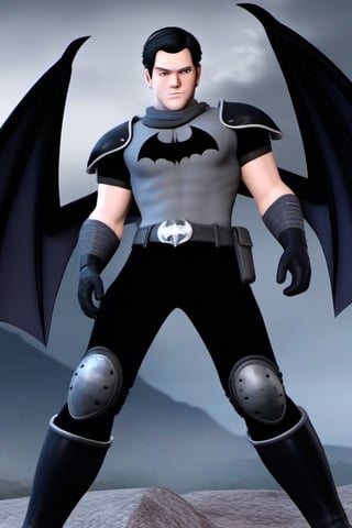 The animated version of Batman that belongs to the movie "Justice League x RWBY: Super Heroes & Huntsmen - Part 1" (He does have black hair, dark blue eyes, black pants, gray boots, gray metal knee pads, a gray breastplate with a black bat symbol on the front and underneath, a black long-sleeved t-shirt, black metal bat-shaped shoulder pads, gray armbands with 3 side blades on the sides, gloves blacks, a gray scarf, a gray utility belt and the age of 17), where Batman/Bruce Wayne is a "Bat Faunus" (Human being with two oversized black bat wings emerging from his back), in a landscape night.,disney pixar style,3D