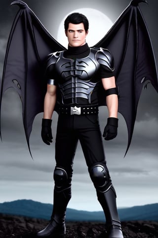 The animated version of Batman that belongs to the movie "Justice League x RWBY: Super Heroes & Huntsmen - Part 1" (He does have black hair, dark blue eyes, black pants, gray boots, gray metal knee pads, a gray breastplate with a black bat symbol on the front and underneath, a black long-sleeved t-shirt, black metal bat-shaped shoulder pads, gray armbands with 3 side blades on the sides, gloves blacks, a gray scarf, a gray utility belt and the age of 17), where Batman/Bruce Wayne is a "Bat Faunus" (Human being with two oversized black bat wings emerging from his back), in a landscape night with bats flying around.,DonM3lv3nM4g1cXL