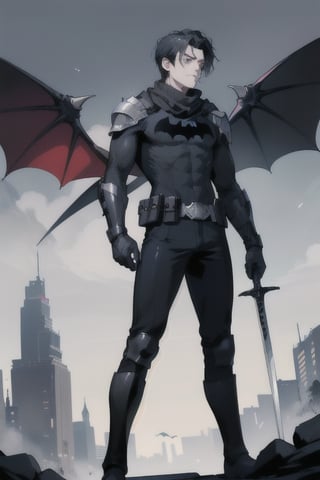 The animated version of Batman that belongs to the movie "Justice League x RWBY: Super Heroes & Huntsmen - Part 1" (He has black hair, dark blue eyes, black pants, gray boots with metal armor along them up to the knees, a gray breastplate with a black bat symbol on the chest and underneath, a black long-sleeved t-shirt, black metal bat-shaped shoulder pads, gray armbands with 3 side blades on the sides, black gloves, a gray scarf, a gray utility belt, 2 rapier type swords and the age of 17), where Batman/Bruce Wayne is a "Bat Faunus" (Human being with two huge black bat wings emerging from his back), in a landscape night with bats flying around.