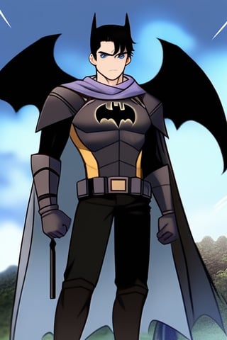 The animated version of Batman that belongs to the movie "Justice League x RWBY: Super Heroes & Huntsmen - Part 1" (He does have black hair, dark blue eyes, black pants, gray boots, gray metal knee pads, a gray breastplate with a black bat symbol on the front and underneath, a black long-sleeved t-shirt, black metal bat-shaped shoulder pads, gray armbands with 3 side blades on the sides, gloves blacks, a gray scarf, a gray utility belt and the age of 17), where Batman/Bruce Wayne is a "Bat Faunus" (Human being with two oversized black bat wings emerging from his back), in a landscape night.