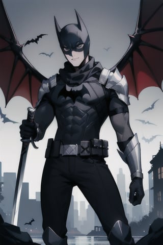 The animated version of Batman that belongs to the movie "Justice League x RWBY: Super Heroes & Huntsmen - Part 1" (He has black hair, dark blue eyes, black pants, gray boots with metal armor along them up to the knees, a gray breastplate with a black bat symbol on the chest and underneath, a black long-sleeved t-shirt, black metal bat-shaped shoulder pads, gray armbands with 3 side blades on the sides, black gloves, a gray scarf, a gray utility belt, 2 rapier type swords and the age of 17), where Batman/Bruce Wayne is a "Bat Faunus" (Human being with two huge black bat wings emerging from his back), in a landscape night with bats flying around.