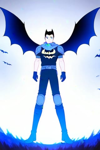 The animated version of Batman that belongs to the movie "Justice League x RWBY: Super Heroes & Huntsmen - Part 1" (He does have black hair, dark blue eyes, black pants, gray boots, gray metal knee pads, a gray breastplate with a black bat symbol on the front and underneath, a black long-sleeved t-shirt, black metal bat-shaped shoulder pads, gray armbands with 3 side blades on the sides, gloves blacks, a gray scarf, a gray utility belt and the age of 17), where Batman/Bruce Wayne is a "Bat Faunus" (Human being with two oversized black bat wings emerging from his back), in a landscape night.