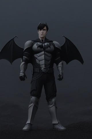 The animated version of Batman that belongs to the movie "Justice League x RWBY: Super Heroes & Huntsmen - Part 1" (He does have black hair, dark blue eyes, black pants, gray boots, gray metal knee pads, a gray breastplate with a black bat symbol on the front and underneath, a black long-sleeved t-shirt, black metal bat-shaped shoulder pads, gray armbands with 3 side blades on the sides, gloves blacks, a gray scarf, a gray utility belt and the age of 17), where Batman/Bruce Wayne is a "Bat Faunus" (Human being with two oversized black bat wings emerging from his back), in a landscape night.