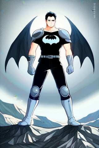 The animated version of Batman that belongs to the movie "Justice League x RWBY: Super Heroes & Huntsmen - Part 1" (He does have black hair, dark blue eyes, black pants, gray boots, gray metal knee pads, a gray breastplate with a black bat symbol on the front and underneath, a black long-sleeved t-shirt, black metal bat-shaped shoulder pads, gray armbands with 3 side blades on the sides, gloves blacks, a gray scarf, a gray utility belt and the age of 17), where Batman/Bruce Wayne is a "Bat Faunus" (Human being with two oversized black bat wings emerging from his back), in a landscape night with bats flying around.