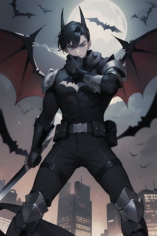 The animated version of Batman that belongs to the movie "Justice League x RWBY: Super Heroes & Huntsmen - Part 1" (He has black hair, dark blue eyes, black pants, gray boots with metal armor along them up to the knees, a gray breastplate with a black bat symbol on the chest and underneath, a black long-sleeved t-shirt, black metal bat-shaped shoulder pads, gray armbands with 3 side blades on the sides, black gloves, a gray scarf, a gray utility belt, 2 rapier type swords and the age of 17), where Batman/Bruce Wayne is a "Bat Faunus" (Human being with two huge black bat wings emerging from his back), in a landscape night with bats flying around.