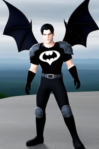 The animated version of Batman that belongs to the movie "Justice League x RWBY: Super Heroes & Huntsmen - Part 1" (He does have black hair, dark blue eyes, black pants, gray boots, gray metal knee pads, a gray breastplate with a black bat symbol on the front and underneath, a black long-sleeved t-shirt, black metal bat-shaped shoulder pads, gray armbands with 3 side blades on the sides, gloves blacks, a gray scarf, a gray utility belt and the age of 17), where Batman/Bruce Wayne is a "Bat Faunus" (Human being with two oversized black bat wings emerging from his back), in a landscape night.,disney pixar style,3D