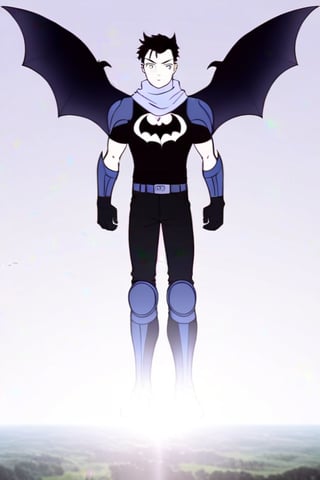 The animated version of Batman that belongs to the movie "Justice League x RWBY: Super Heroes & Huntsmen - Part 1" (He does have black hair, dark blue eyes, black pants, gray boots, gray metal knee pads, a gray breastplate with a black bat symbol on the front and underneath, a black long-sleeved t-shirt, black metal bat-shaped shoulder pads, gray armbands with 3 side blades on the sides, gloves blacks, a gray scarf, a gray utility belt and the age of 17), where Batman/Bruce Wayne is a "Bat Faunus" (Human being with two oversized black bat wings emerging from his back), in a landscape night with bats flying around.