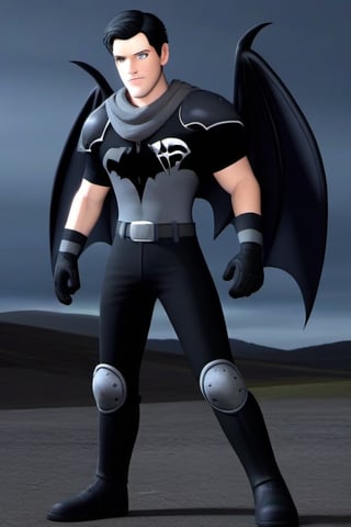 The animated version of Batman that belongs to the movie "Justice League x RWBY: Super Heroes & Huntsmen - Part 1" (He does have black hair, dark blue eyes, black pants, gray boots, gray metal knee pads, a gray breastplate with a black bat symbol on the front and underneath, a black long-sleeved t-shirt, black metal bat-shaped shoulder pads, gray armbands with 3 side blades on the sides, gloves blacks, a gray scarf, a gray utility belt and the age of 17), where Batman/Bruce Wayne is a "Bat Faunus" (Human being with two oversized black bat wings emerging from his back), in a landscape night.,disney pixar style,3D