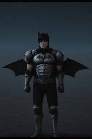 The animated version of Batman that belongs to the movie "Justice League x RWBY: Super Heroes & Huntsmen - Part 1" (He does have black hair, dark blue eyes, black pants, gray boots, gray metal knee pads, a gray breastplate with a black bat symbol on the front and underneath, a black long-sleeved t-shirt, black metal bat-shaped shoulder pads, gray armbands with 3 side blades on the sides, gloves blacks, a gray scarf, a gray utility belt and the age of 17), where Batman/Bruce Wayne is a "Bat Faunus" (Human being with two oversized black bat wings emerging from his back), in a landscape night.