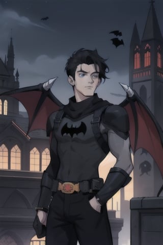 The animated version of Batman which belongs to the movie "Justice League x RWBY: Super Heroes & Huntsmen - Part 1" (No mask, black hair, dark blue eyes, black pants, gray overalls with a colored bat symbol black on the front side and below it, a black long-sleeved t-shirt, bat-shaped shoulder pads, gray bracelets with 3 blades on the sides, black gloves, a gray scarf, a gray utility belt and the age of 17 years ), where Batman is a "Bat Faun" (Human being with black bat wings emerging from his back), in a night background, on the roof of a cathedral.,1guy