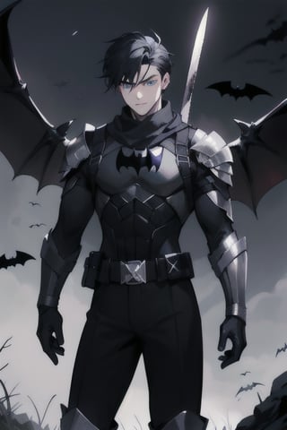 The animated version of Batman that belongs to the movie "Justice League x RWBY: Super Heroes & Huntsmen - Part 1" (He has black hair, dark blue eyes, black pants, gray boots with metal armor along them up to the knees, a gray breastplate with a black bat symbol on the chest and underneath, a black long-sleeved t-shirt, black metal bat-shaped shoulder pads, gray armbands with 3 side blades on the sides, black gloves, a gray scarf, a gray utility belt, 2 rapier type swords and the age of 17), where Batman/Bruce Wayne is a "Bat Faunus" (Human being with two huge black bat wings emerging from his back), in a landscape night with bats flying around.,1guy