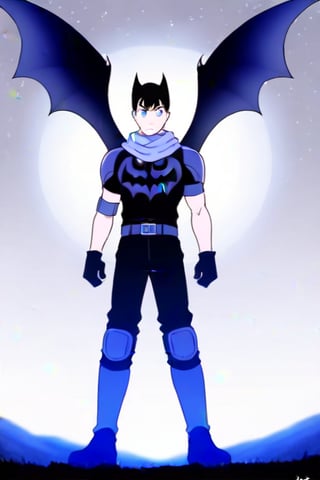 The animated version of Batman that belongs to the movie "Justice League x RWBY: Super Heroes & Huntsmen - Part 1" (He does have black hair, dark blue eyes, black pants, gray boots, gray metal knee pads, a gray breastplate with a black bat symbol on the front and underneath, a black long-sleeved t-shirt, black metal bat-shaped shoulder pads, gray armbands with 3 side blades on the sides, gloves blacks, a gray scarf, a gray utility belt and the age of 17), where Batman/Bruce Wayne is a "Bat Faunus" (Human being with two oversized black bat wings emerging from his back), in a landscape night.