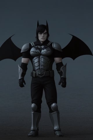 The animated version of Batman that belongs to the movie "Justice League x RWBY: Super Heroes & Huntsmen - Part 1" (He does have black hair, dark blue eyes, black pants, gray boots, gray metal knee pads, a gray breastplate with a black bat symbol on the front and underneath, a black long-sleeved t-shirt, black metal bat-shaped shoulder pads, gray armbands with 3 side blades on the sides, gloves blacks, a gray scarf, a gray utility belt and the age of 17), where Batman/Bruce Wayne is a "Bat Faunus" (Human being with two oversized black bat wings emerging from his back), in a landscape night.