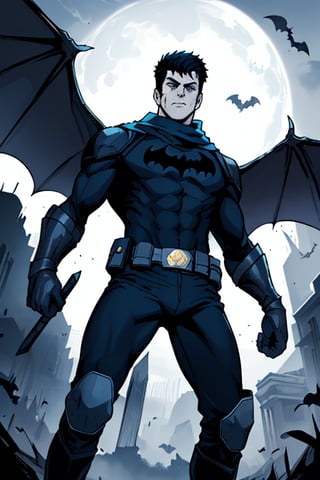 The animated version of Batman that belongs to the movie "Justice League x RWBY: Super Heroes & Huntsmen - Part 1" (He does have black hair, dark blue eyes, black pants, gray boots, gray metal knee pads, a gray breastplate with a black bat symbol on the front and underneath, a black long-sleeved t-shirt, black metal bat-shaped shoulder pads, gray armbands with 3 side blades on the sides, gloves blacks, a gray scarf, a gray utility belt and the age of 17), where Batman/Bruce Wayne is a "Bat Faunus" (Human being with two oversized black bat wings emerging from his back), in a landscape night with bats flying around,