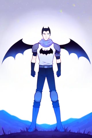 The animated version of Batman that belongs to the movie "Justice League x RWBY: Super Heroes & Huntsmen - Part 1" (He does have black hair, dark blue eyes, black pants, gray boots, gray metal knee pads, a gray breastplate with a black bat symbol on the front and underneath, a black long-sleeved t-shirt, black metal bat-shaped shoulder pads, gray armbands with 3 side blades on the sides, gloves blacks, a gray scarf, a gray utility belt and the age of 17), where Batman/Bruce Wayne is a "Bat Faunus" (Human being with two oversized black bat wings emerging from his back), in a landscape night.