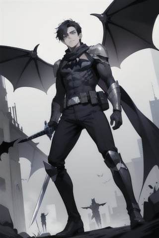 The animated version of Batman that belongs to the movie "Justice League x RWBY: Super Heroes & Huntsmen - Part 1" (He has black hair, dark blue eyes, black pants, gray boots with metal armor along them up to the knees, a gray breastplate with a black bat symbol on the chest and underneath, a black long-sleeved t-shirt, black metal bat-shaped shoulder pads, gray armbands with 3 side blades on the sides, black gloves, a gray scarf, a gray utility belt, 2 rapier type swords and the age of 17), where Batman/Bruce Wayne is a "Bat Faunus" (Human being with two huge black bat wings emerging from his back), in a landscape night with bats flying around.