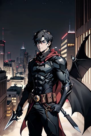 The animated version of Batman (Black hair, dark blue eyes, black pants, gray breastplate with a black bat symbol on the front side, bat-shaped shoulder pads, gray armbands with 3 blades on the sides, black gloves , gray scarf and a gray utility belt) which belongs to the movie "Justice League x RWBY: Super Heroes & Huntsmen - Part 1", where Batman is a "Bat Faun" (Human being with black bat wings emerging from his back), in a night background, on the roof of a cathedral.,1boy