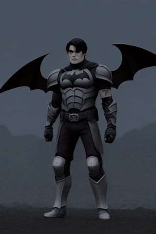 The animated version of Batman that belongs to the movie "Justice League x RWBY: Super Heroes & Huntsmen - Part 1" (He does have black hair, dark blue eyes, black pants, gray boots, gray metal knee pads, a gray breastplate with a black bat symbol on the front and underneath, a black long-sleeved t-shirt, black metal bat-shaped shoulder pads, gray armbands with 3 side blades on the sides, gloves blacks, a gray scarf, a gray utility belt and the age of 17), where Batman/Bruce Wayne is a "Bat Faunus" (Human being with two oversized black bat wings emerging from his back), in a landscape night.