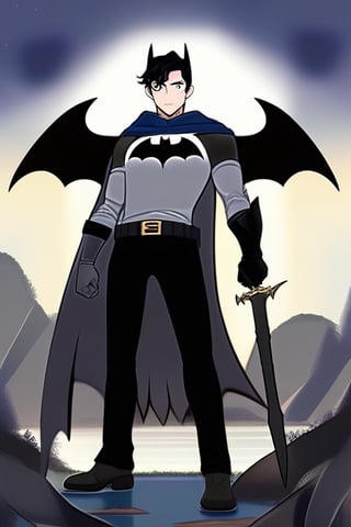 The animated version of Batman that belongs to the movie "Justice League x RWBY: Super Heroes & Huntsmen - Part 1" (He does have black hair, dark blue eyes, black pants, gray boots, gray metal knee pads, a gray breastplate with a black bat symbol on the front and underneath, a black long-sleeved t-shirt, black metal bat-shaped shoulder pads, gray armbands with 3 side blades on the sides, gloves blacks, a gray scarf, a gray utility belt and the age of 17), where Batman/Bruce Wayne is a "Bat Faunus" (Human being with two oversized black bat wings emerging from his back), in a landscape night.