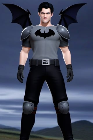 The animated version of Batman that belongs to the movie "Justice League x RWBY: Super Heroes & Huntsmen - Part 1" (He does have black hair, dark blue eyes, black pants, gray boots, gray metal knee pads, a gray breastplate with a black bat symbol on the front and underneath, a black long-sleeved t-shirt, black metal bat-shaped shoulder pads, gray armbands with 3 side blades on the sides, gloves blacks, a gray scarf, a gray utility belt and the age of 17), where Batman/Bruce Wayne is a "Bat Faunus" (Human being with two oversized black bat wings emerging from his back), in a landscape night.,disney pixar style,3D