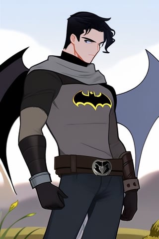 The animated version of Batman that belongs to the movie "Justice League x RWBY: Super Heroes & Huntsmen - Part 1" (He does have black hair, dark blue eyes, black pants, gray boots, gray metal knee pads, a gray breastplate with a black bat symbol on the front and underneath, a black long-sleeved t-shirt, black metal bat-shaped shoulder pads, gray armbands with 3 side blades on the sides, gloves blacks, a gray scarf, a gray utility belt and the age of 17), where Batman/Bruce Wayne is a "Bat Faunus" (Human being with two oversized black bat wings emerging from his back), in a landscape night.