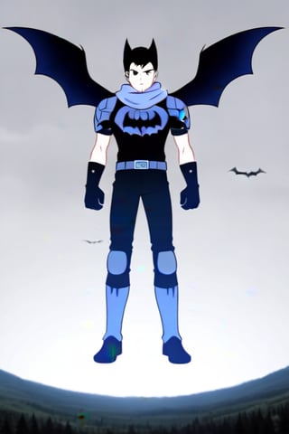 The animated version of Batman that belongs to the movie "Justice League x RWBY: Super Heroes & Huntsmen - Part 1" (He does have black hair, dark blue eyes, black pants, gray boots, gray metal knee pads, a gray breastplate with a black bat symbol on the front and underneath, a black long-sleeved t-shirt, black metal bat-shaped shoulder pads, gray armbands with 3 side blades on the sides, gloves blacks, a gray scarf, a gray utility belt and the age of 17), where Batman/Bruce Wayne is a "Bat Faunus" (Human being with two oversized black bat wings emerging from his back), in a landscape night with bats flying around.