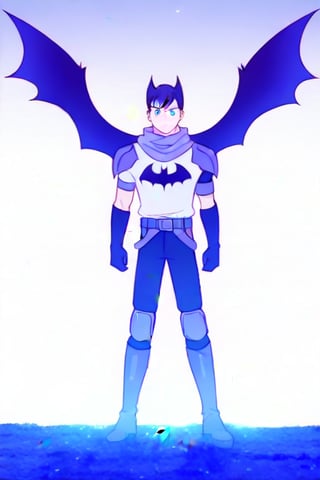 The animated version of Batman that belongs to the movie "Justice League x RWBY: Super Heroes & Huntsmen - Part 1" (He does have black hair, dark blue eyes, black pants, gray boots, gray metal knee pads, a gray breastplate with a black bat symbol on the front and underneath, a black long-sleeved t-shirt, black metal bat-shaped shoulder pads, gray armbands with 3 side blades on the sides, gloves blacks, a gray scarf, a gray utility belt and the age of 17), where Batman/Bruce Wayne is a "Bat Faunus" (Human being with two oversized black bat wings emerging from his back), in a landscape night.