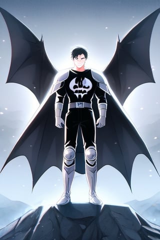 The animated version of Batman that belongs to the movie "Justice League x RWBY: Super Heroes & Huntsmen - Part 1" (He does have black hair, dark blue eyes, black pants, gray boots, gray metal knee pads, a gray breastplate with a black bat symbol on the front and underneath, a black long-sleeved t-shirt, black metal bat-shaped shoulder pads, gray armbands with 3 side blades on the sides, gloves blacks, a gray scarf, a gray utility belt and the age of 17), where Batman/Bruce Wayne is a "Bat Faunus" (Human being with two oversized black bat wings emerging from his back), in a landscape night with bats flying around.