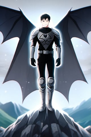 The animated version of Batman that belongs to the movie "Justice League x RWBY: Super Heroes & Huntsmen - Part 1" (He does have black hair, dark blue eyes, black pants, gray boots, gray metal knee pads, a gray breastplate with a black bat symbol on the front and underneath, a black long-sleeved t-shirt, black metal bat-shaped shoulder pads, gray armbands with 3 side blades on the sides, gloves blacks, a gray scarf, a gray utility belt and the age of 17), where Batman/Bruce Wayne is a "Bat Faunus" (Human being with two oversized black bat wings emerging from his back), in a landscape night with bats flying around.