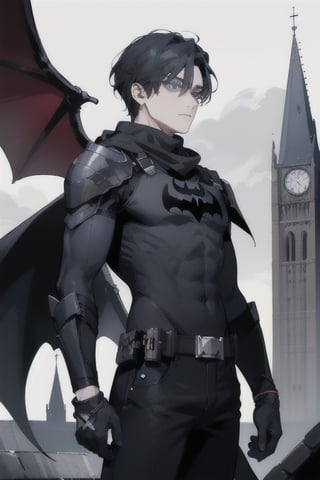 The animated version of Batman which belongs to the movie "Justice League x RWBY: Super Heroes & Huntsmen - Part 1" (No mask, black hair, dark blue eyes, black pants, gray overalls with a colored bat symbol black on the front side and below it, a black long-sleeved t-shirt, bat-shaped shoulder pads, gray bracelets with 3 blades on the sides, black gloves, a gray scarf, a gray utility belt and the age of 17 years ), where Batman is a "Bat Faun" (Human being with black bat wings emerging from his back), in a night background, on the roof of a cathedral.,1guy,1girl