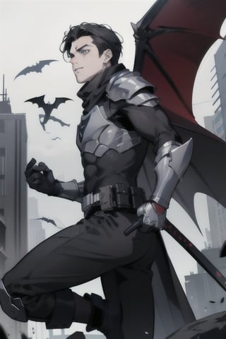 The animated version of Batman that belongs to the movie "Justice League x RWBY: Super Heroes & Huntsmen - Part 1" (He has black hair, dark blue eyes, black pants, gray boots with metal armor along them up to the knees, a gray breastplate with a black bat symbol on the chest and underneath, a black long-sleeved t-shirt, black metal bat-shaped shoulder pads, gray armbands with 3 side blades on the sides, black gloves, a gray scarf, a gray utility belt, 2 rapier type swords and the age of 17), where Batman/Bruce Wayne is a "Bat Faunus" (Human being with two huge black bat wings emerging from his back), in a landscape night with bats flying around.