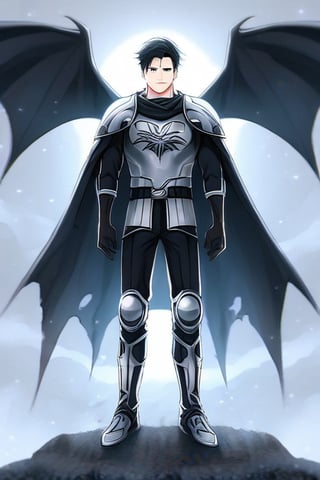 The animated version of Batman that belongs to the movie "Justice League x RWBY: Super Heroes & Huntsmen - Part 1" (He does have black hair, dark blue eyes, black pants, gray boots, gray metal knee pads, a gray breastplate with a black bat symbol on the front and underneath, a black long-sleeved t-shirt, black metal bat-shaped shoulder pads, gray armbands with 3 side blades on the sides, gloves blacks, a gray scarf, a gray utility belt and the age of 17), where Batman/Bruce Wayne is a "Bat Faunus" (Human being with two oversized black bat wings emerging from his back), in a landscape night with bats flying around.